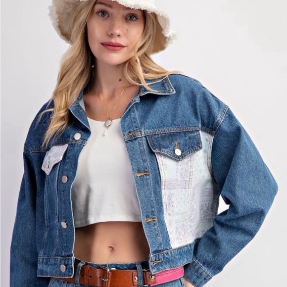 Easel Los Angeles Jackets & Blazers - #193 Blue Jean Paisley print cropped mixed classic denim Jacket.